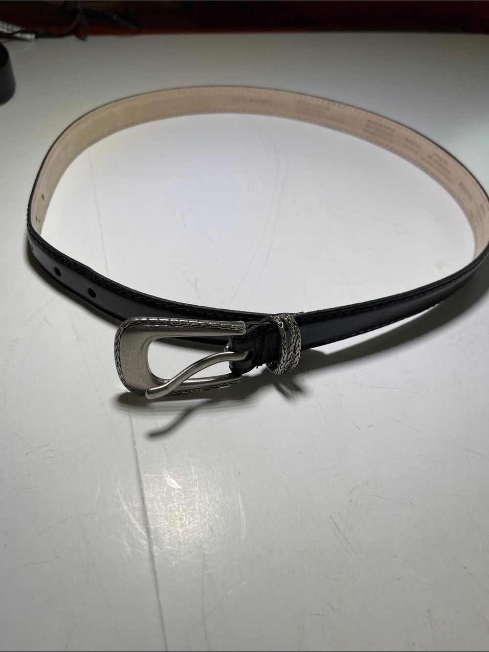 Liz Claiborne Black Leather Belt with Beautiful Silver Buckle and Strap Holders